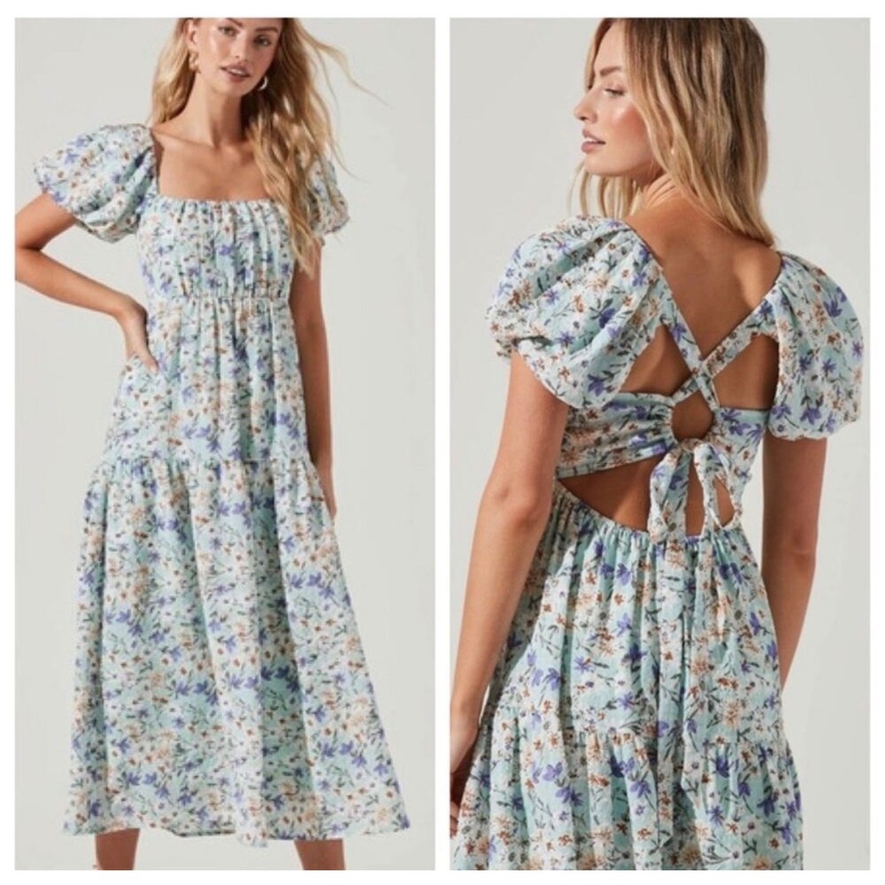 ASTR The Label Floral Puff Sleeve Cutout Back Midi Dress Sage Green Medium